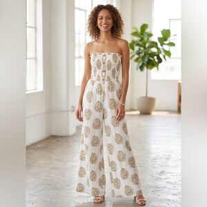 White and Brown Floral Wide-Leg Pants